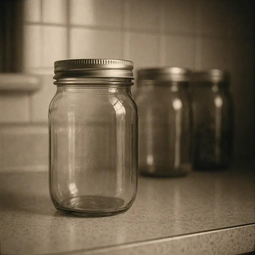 Glass jars saved by grandma for storing leftovers, screws, and seeds