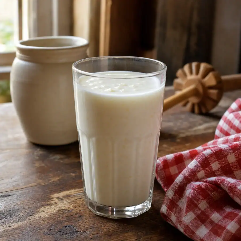 Real cultured buttermilk in a tall glass on a farmhouse counter
