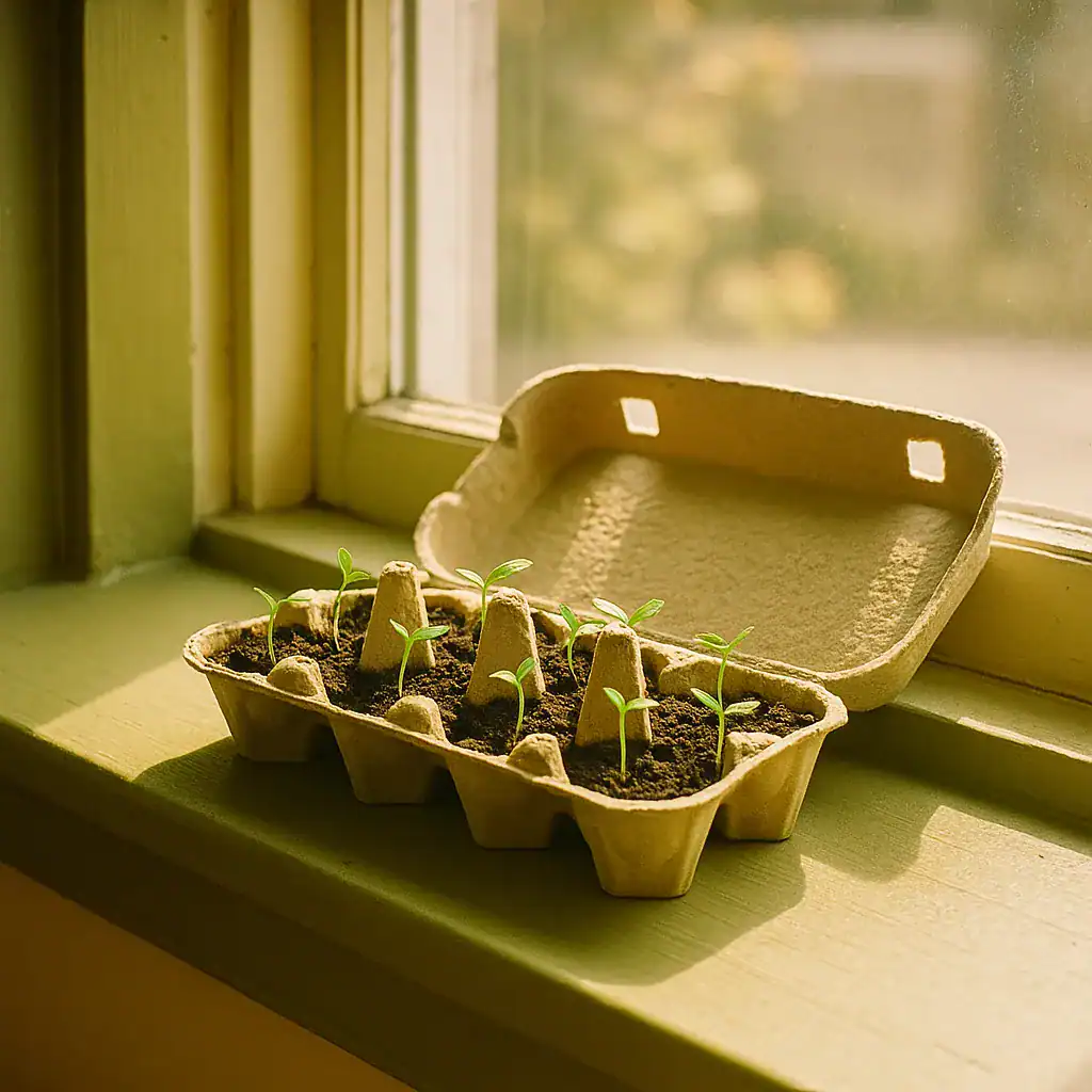 Egg cartons repurposed as seed starters on a sunny windowsill