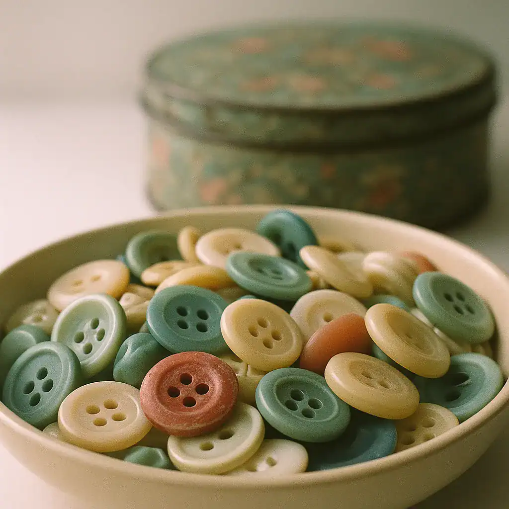 Vintage buttons collected in a patterned tin for mending clothes