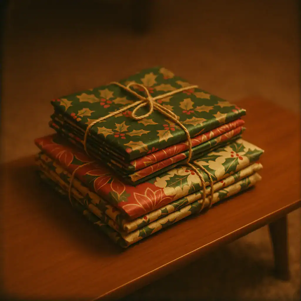 Christmas wrapping paper carefully folded and saved for reuse