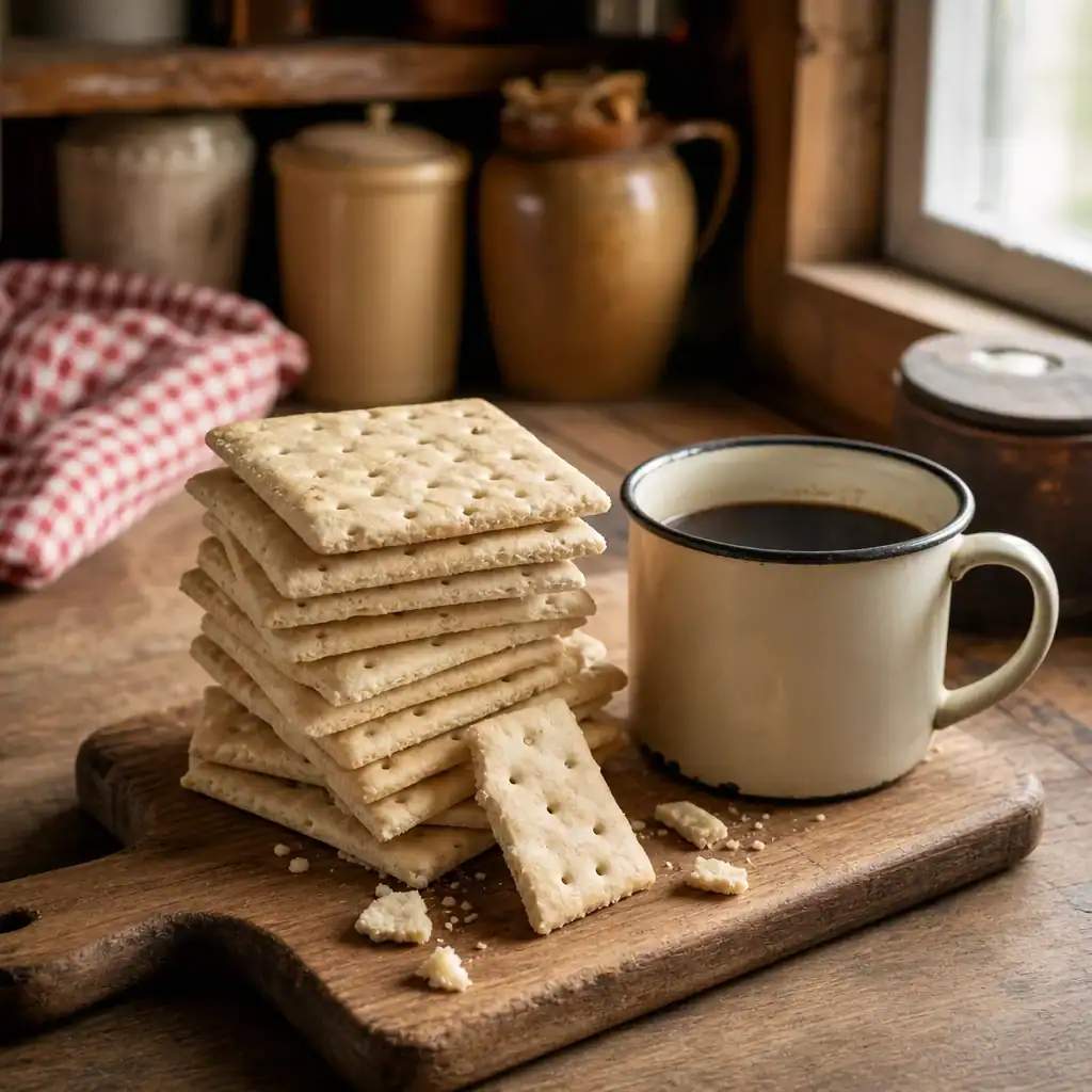 Stack of hardtack crackers beside an enamel mug of coffee