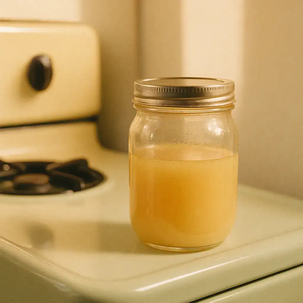 Jar of bacon grease saved for cooking on a vintage stovetop