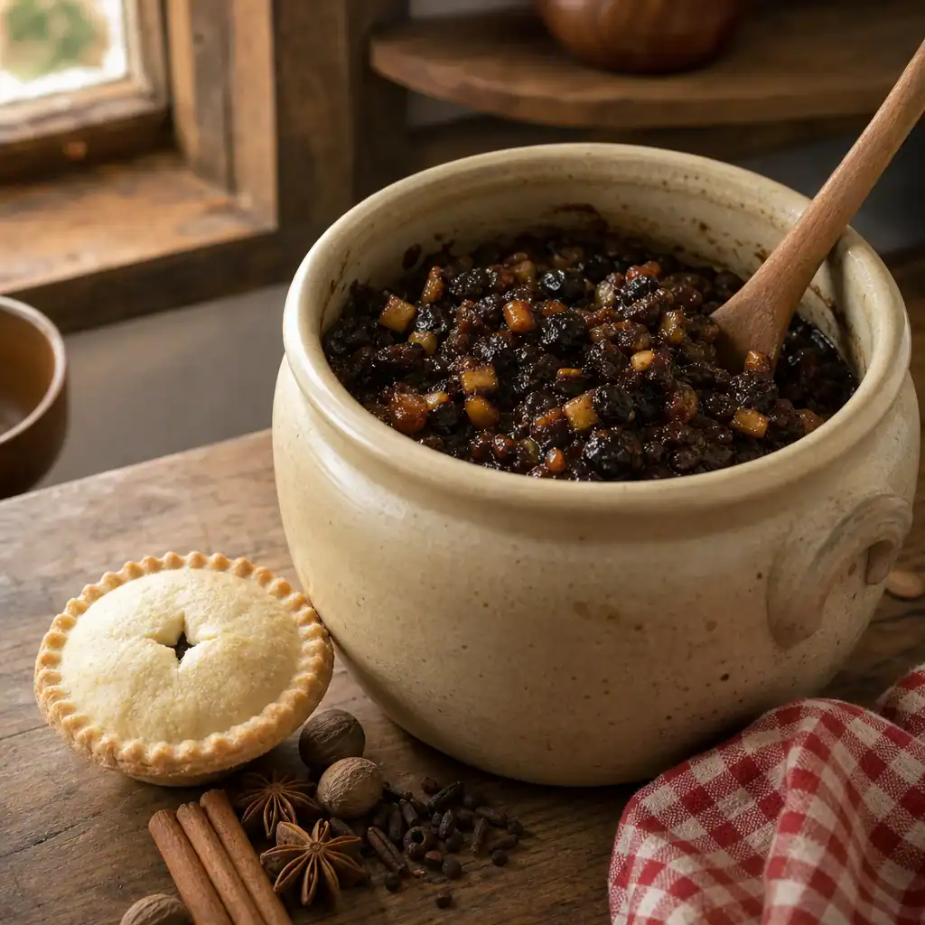Stoneware crock of traditional mincemeat with whole spices