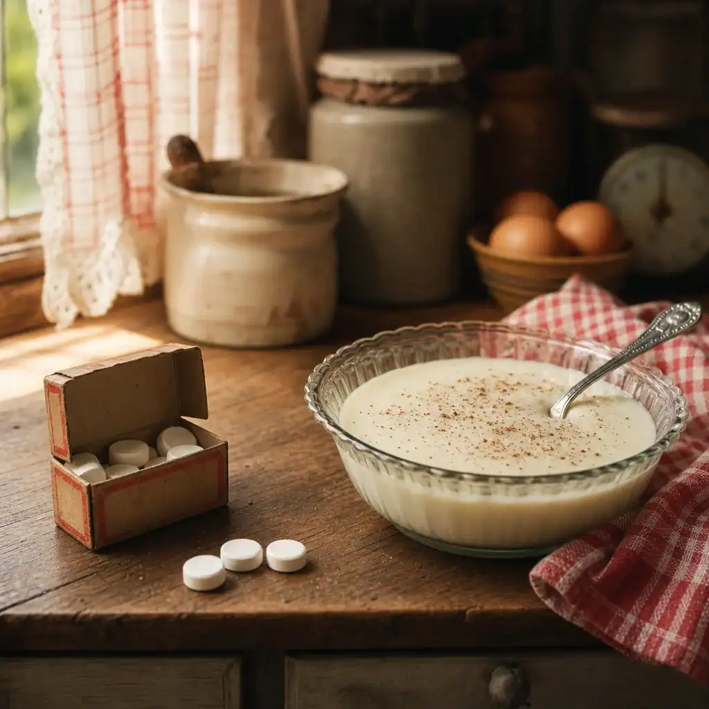 Junket tablets and a dish of milk pudding on a wooden table