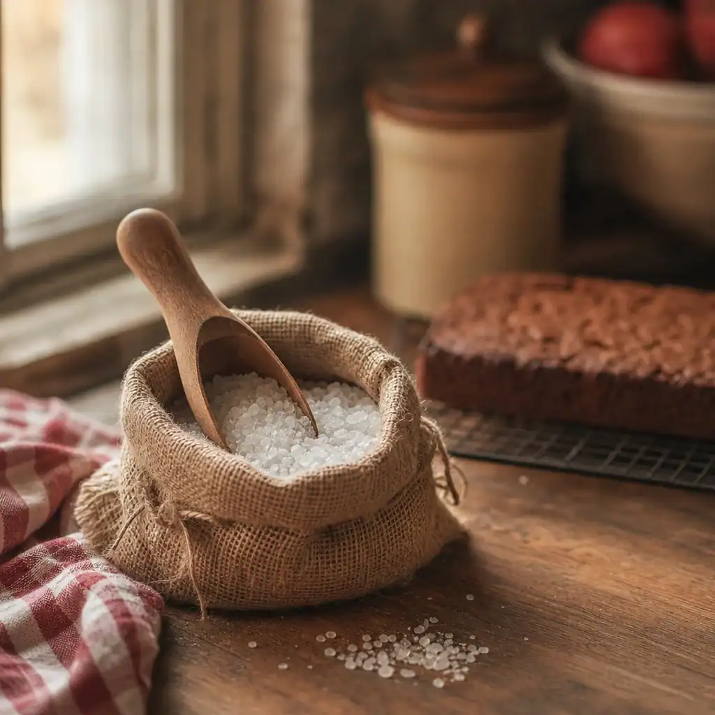 Burlap sack of pearl ash crystals beside cooling gingerbread