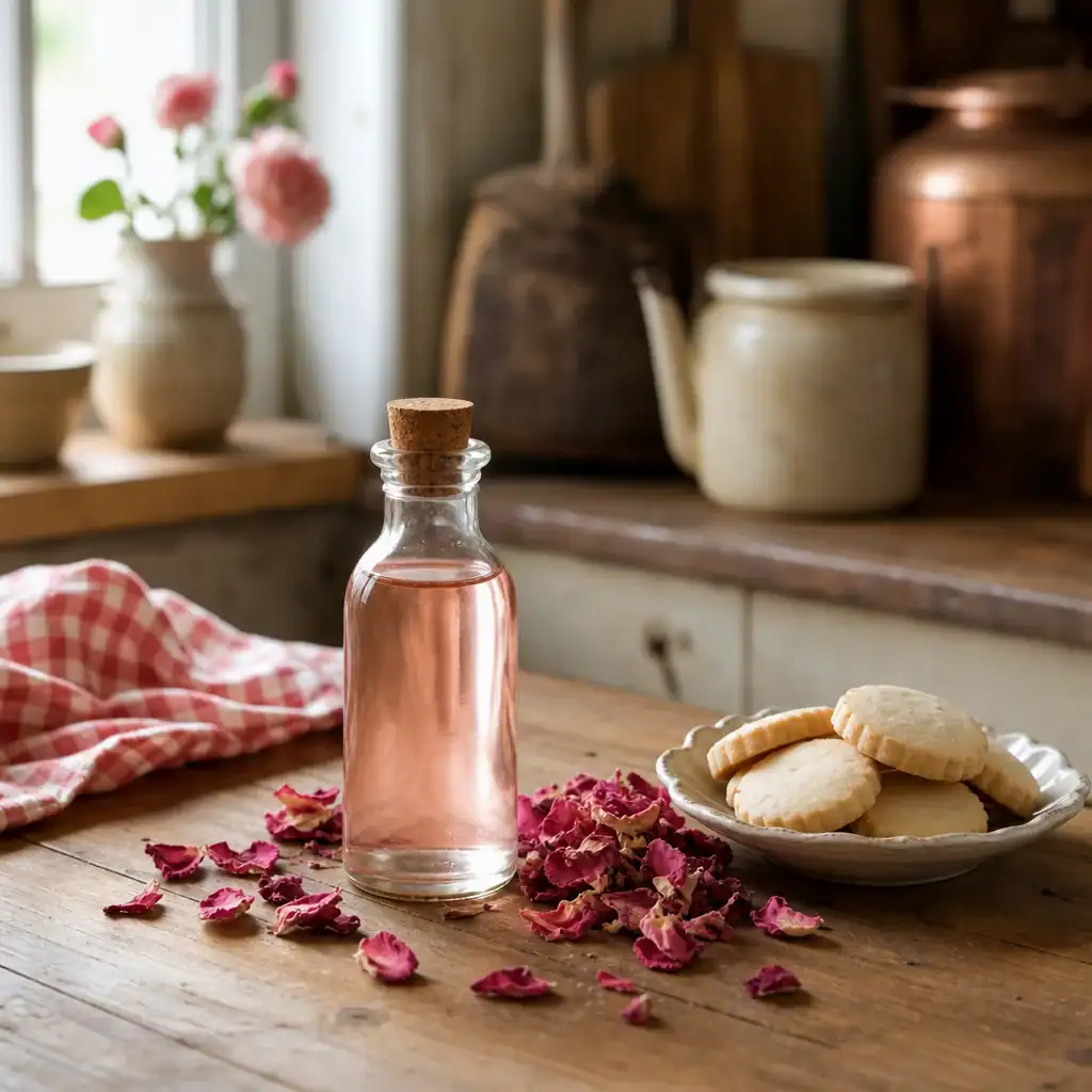 Glass bottle of rosewater with dried rose petals and shortbread