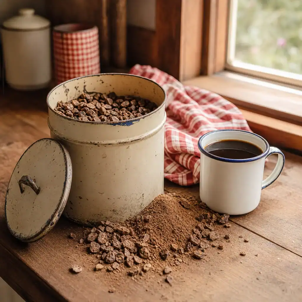 Enamel tin of roasted chicory root and grounds with a coffee mug