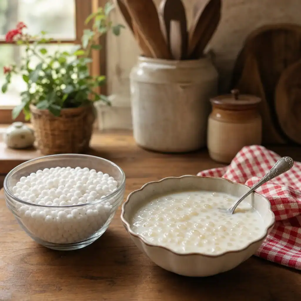 Bowl of dry pearl tapioca and a finished tapioca pudding
