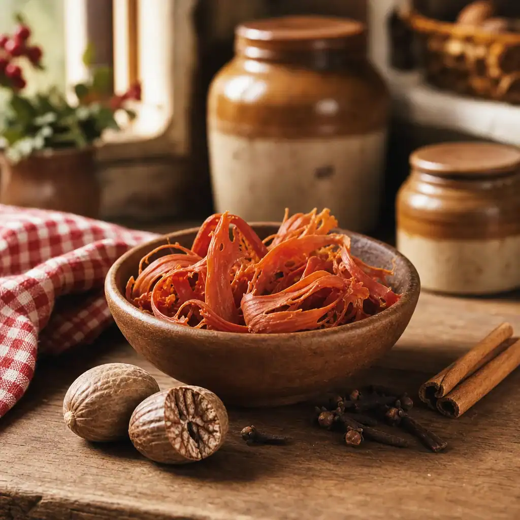 Bowl of dried red mace blades beside a split nutmeg seed