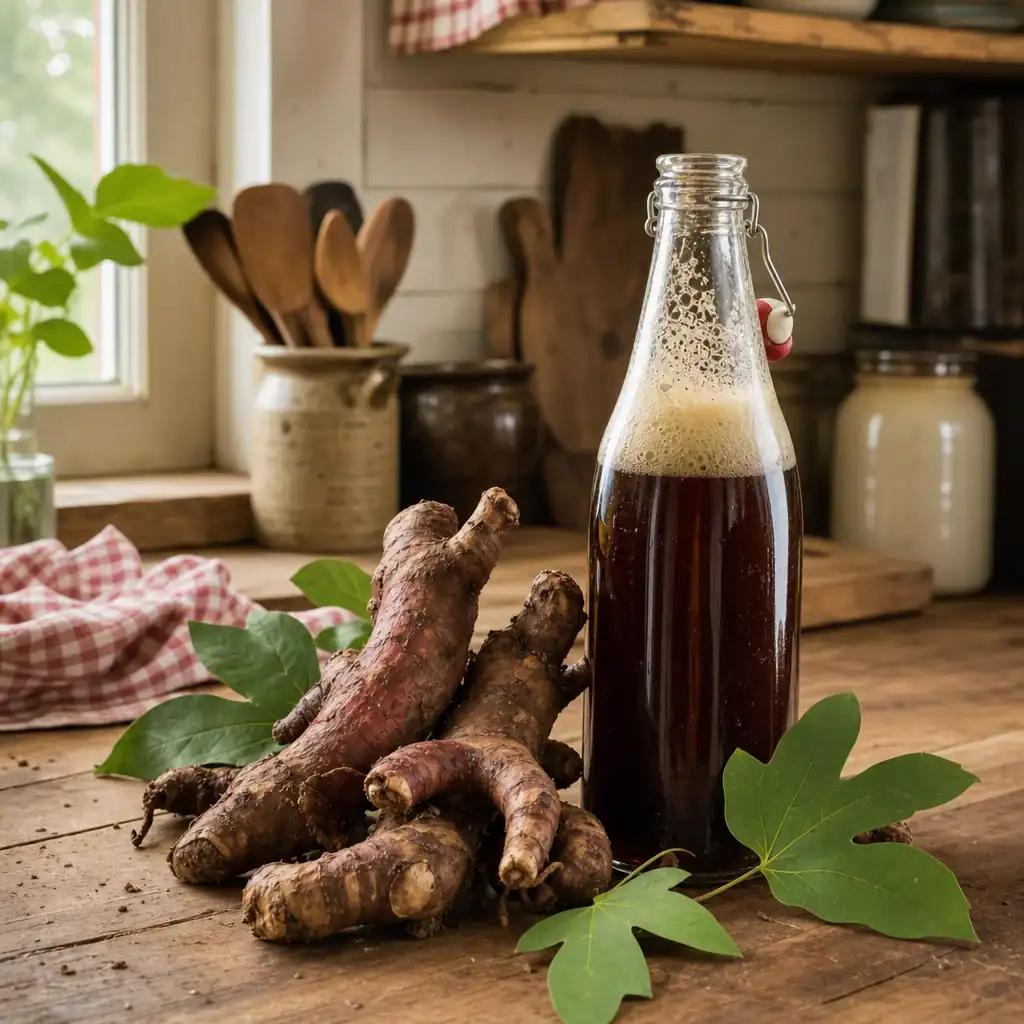 Sassafras root pieces with a tall bottle of homemade root beer