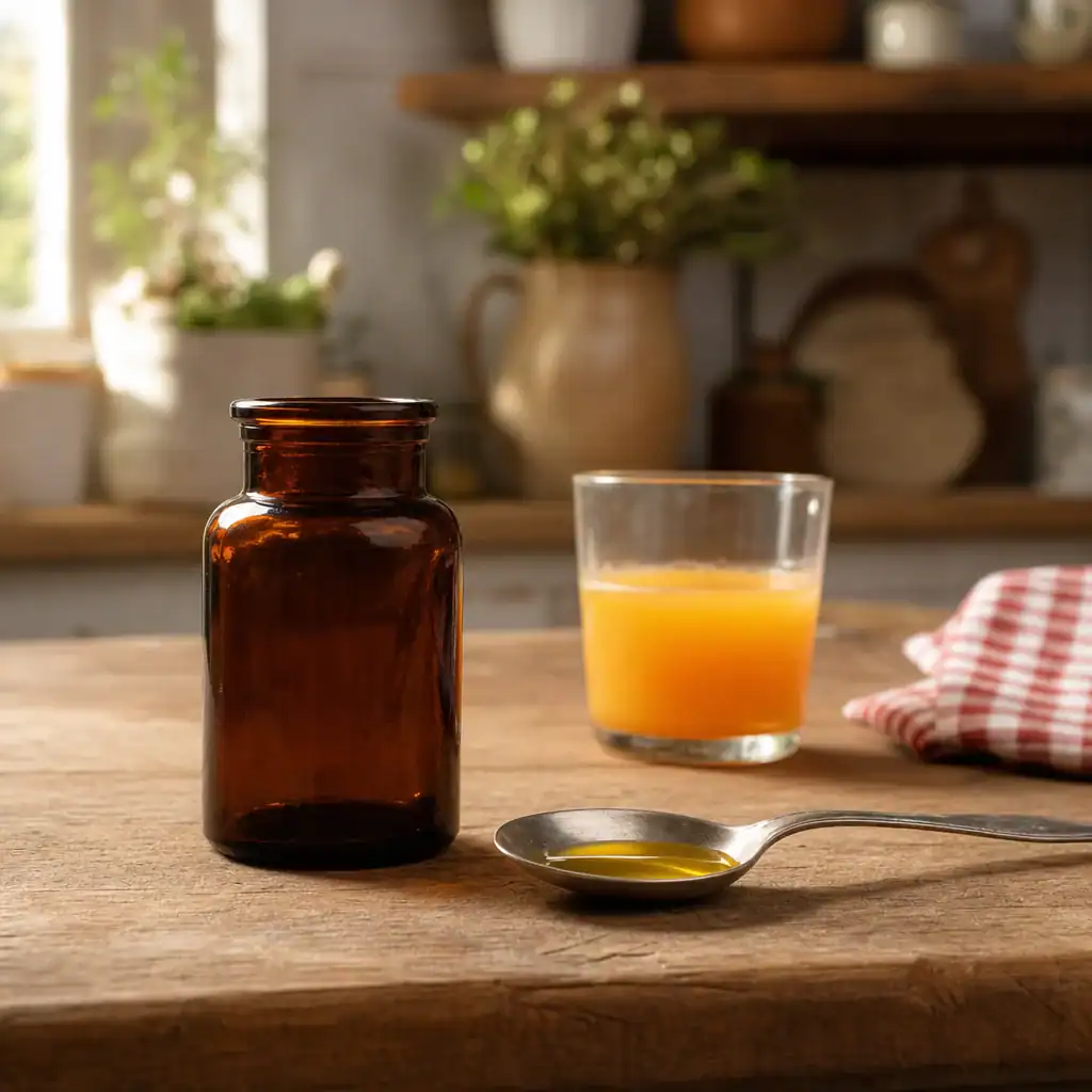 Amber bottle of cod liver oil with a spoonful and orange juice chaser