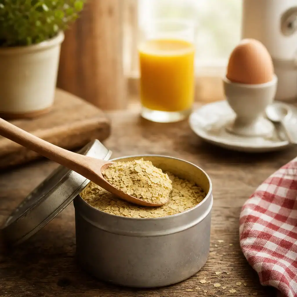 Tin of brewers yeast flakes with orange juice and a soft-boiled egg