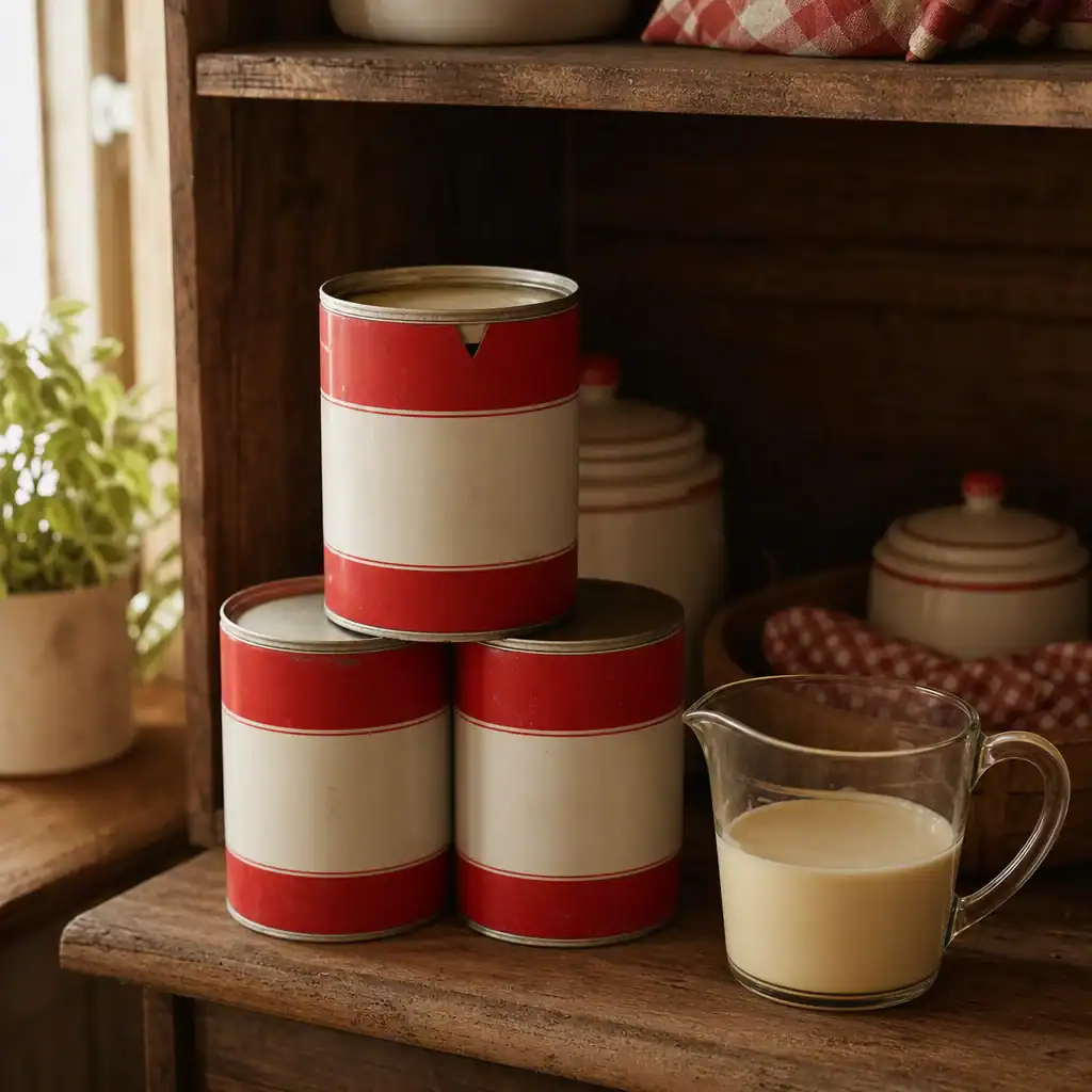 Stack of red and white evaporated milk cans in a pantry